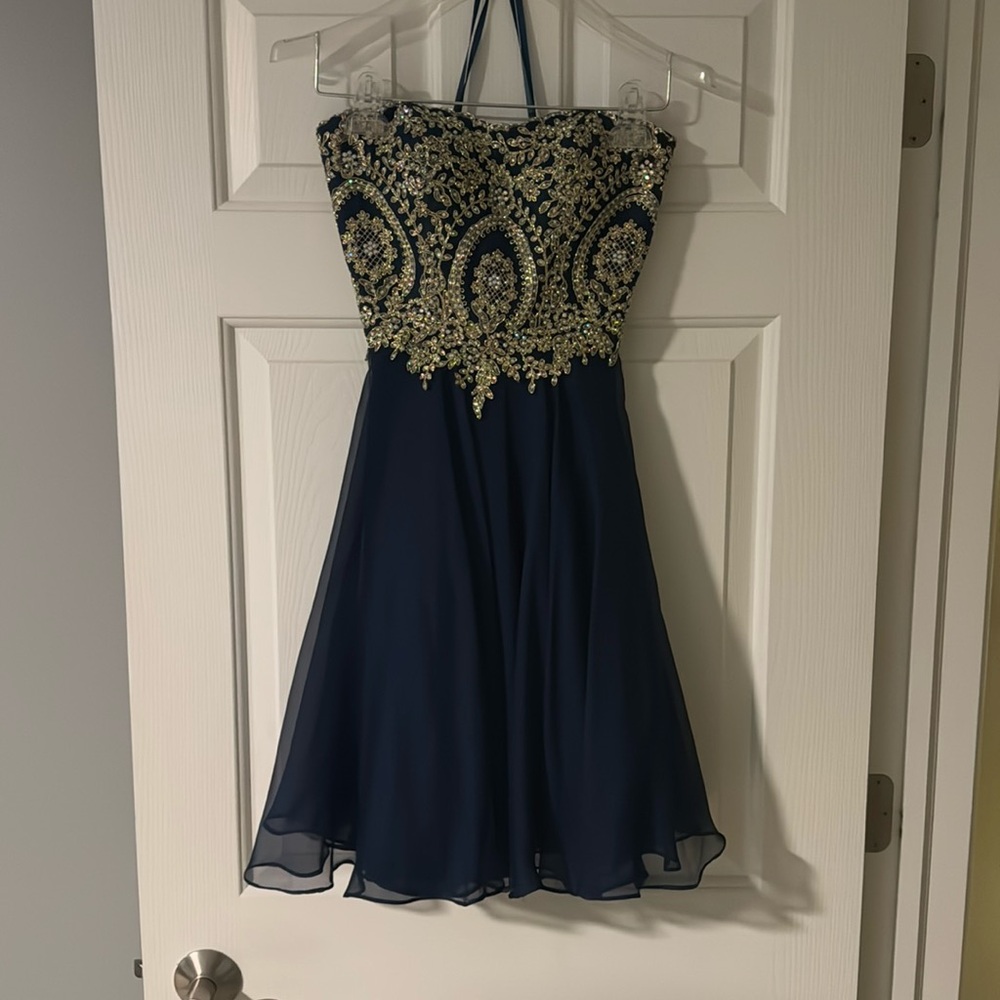 Clarisse Navy Blue & Gold Strapless Corset Back Homecoming Dress Size 0